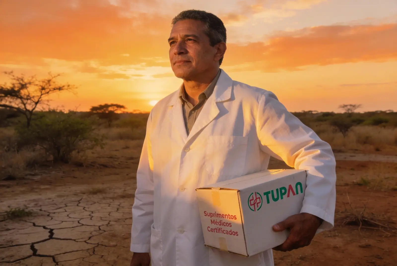 Farmacêutico de jaleco no Sertão ao pôr do sol, segurando uma caixa da Tupan